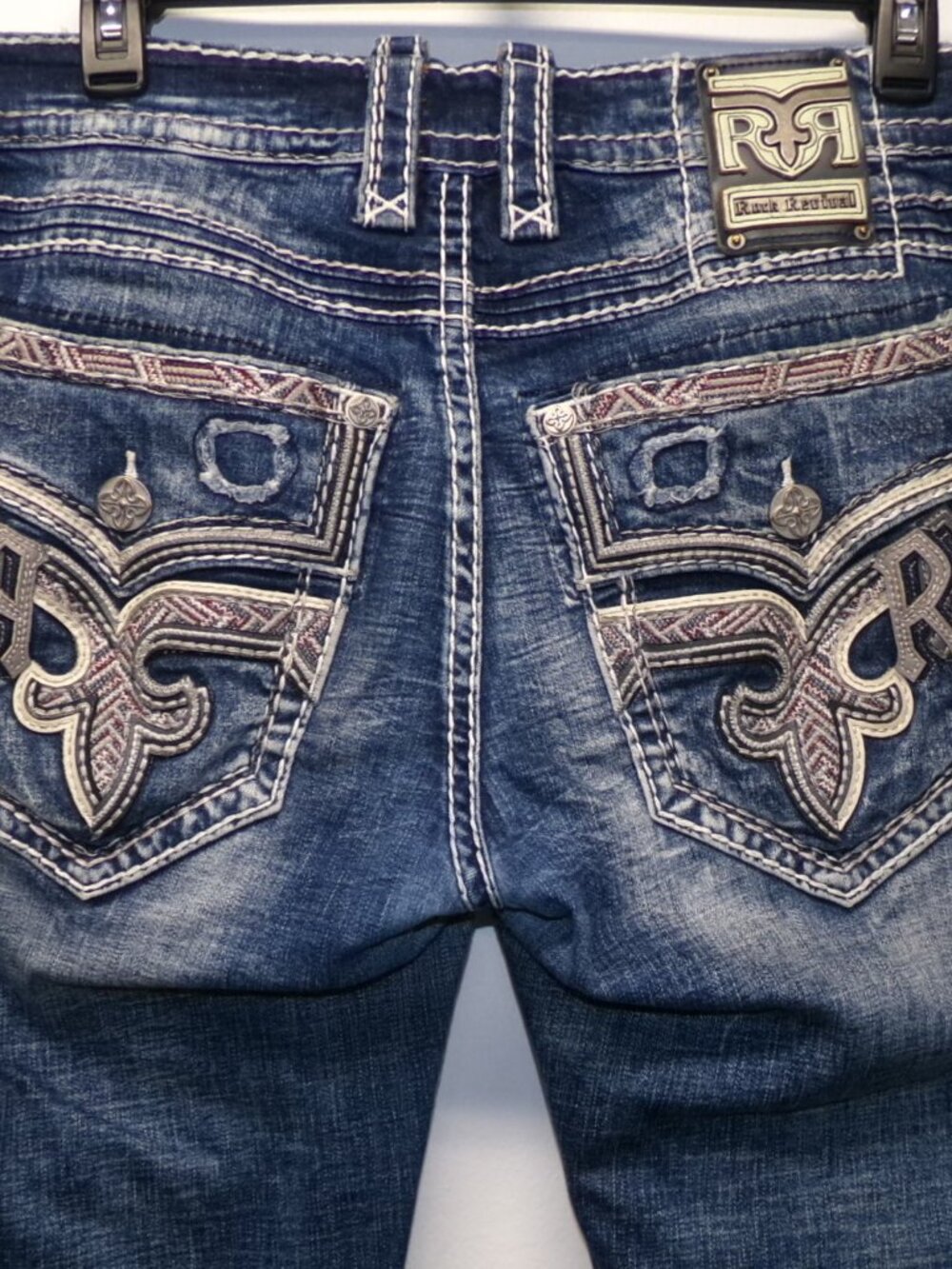 Rock Revival Daxton Straight Leg Distressed Thick Stitch Leather R Jeans Mens 36